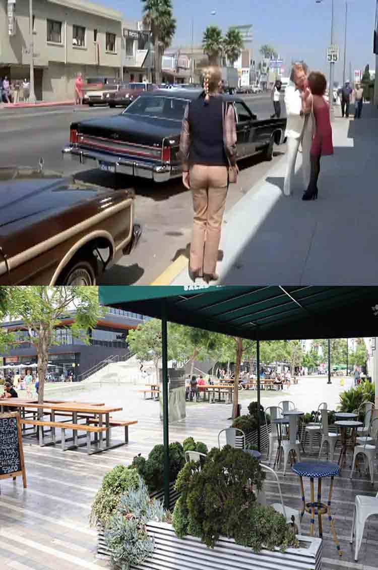 A then and now filming location photo from the episode Angels On The Street from the TV series Charlie's Angels.