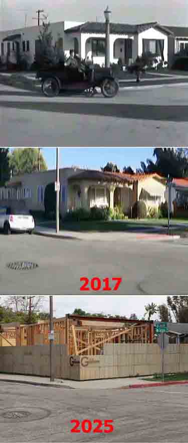3404 Caroline Avenue series of photos from the Laurel and Hardy movie Big Business in 1929, a photo taken in 2017 and another photo taken in 2025.